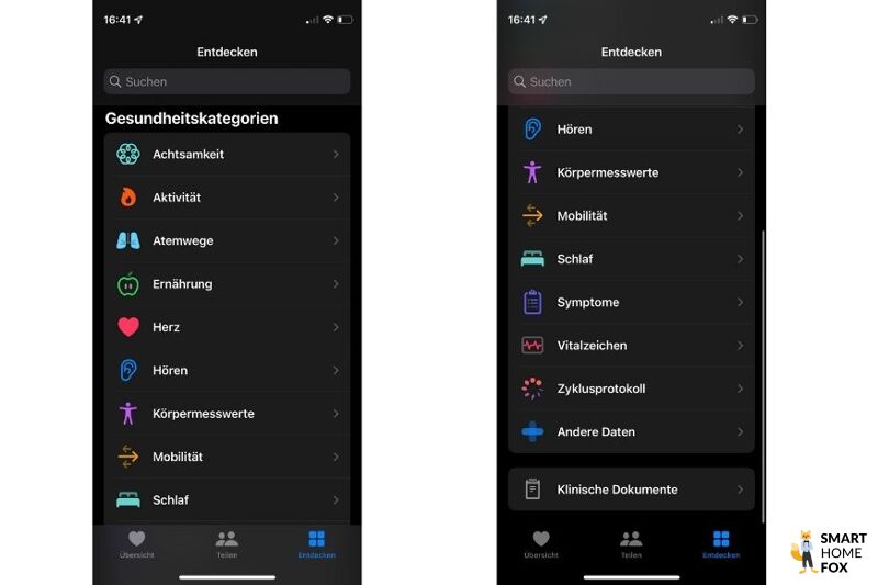 Man sieht den Reiter Entdecken in der Apple Health App.